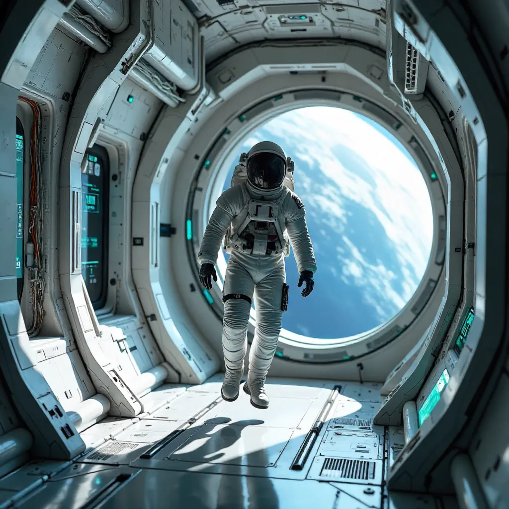 White Male Astronaut in a Futuristic Space Station