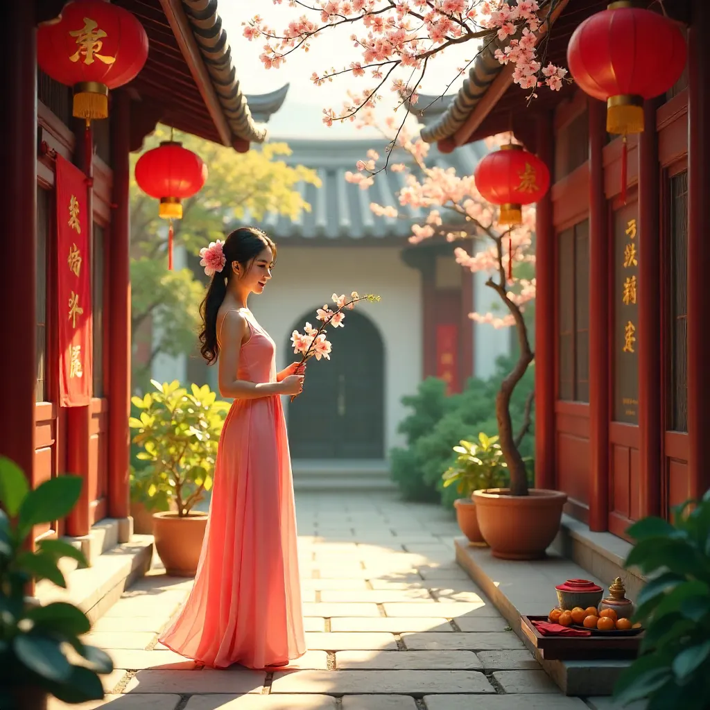 Tet Celebration in a Pink Dress in a Vietnamese Courtyard