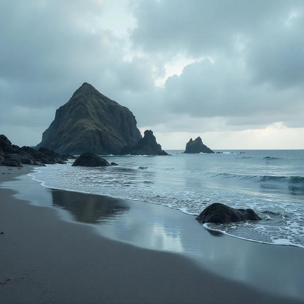 Serene Coastal Scene with Dark Rocks and Cloudy Sky