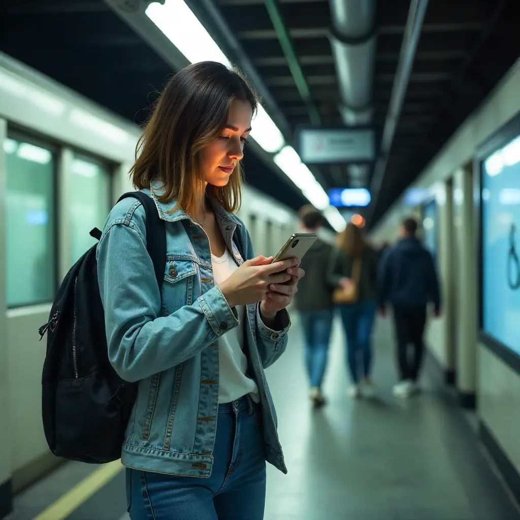Young Woman with Smartphone in Indoor Subway Station