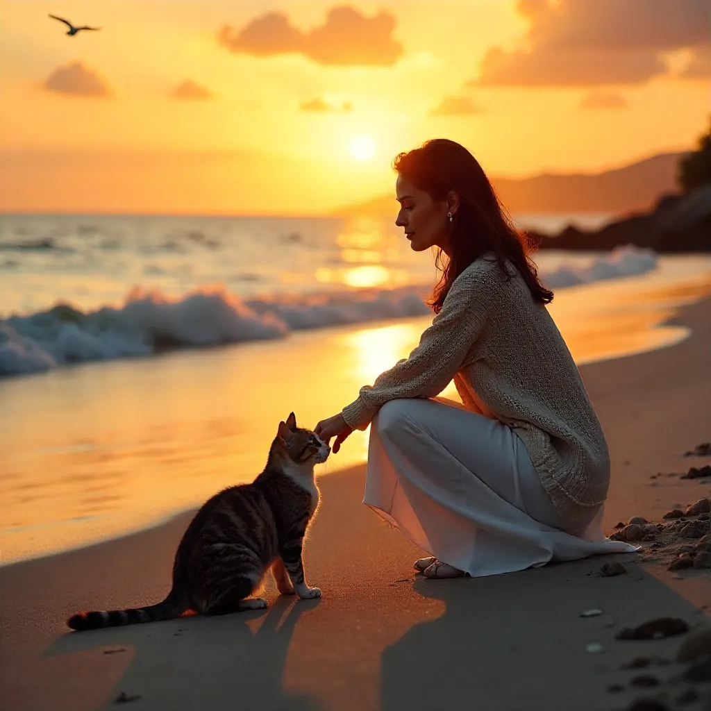 Sunset by the Sea: Woman and Cat in Warm Light