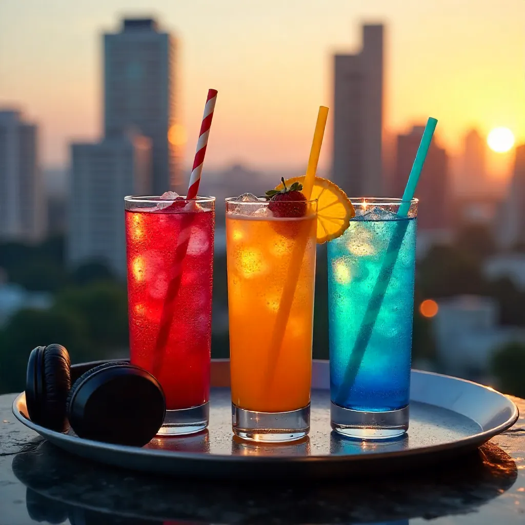 Three Summer Drinks by Headphones on Rooftop Tray