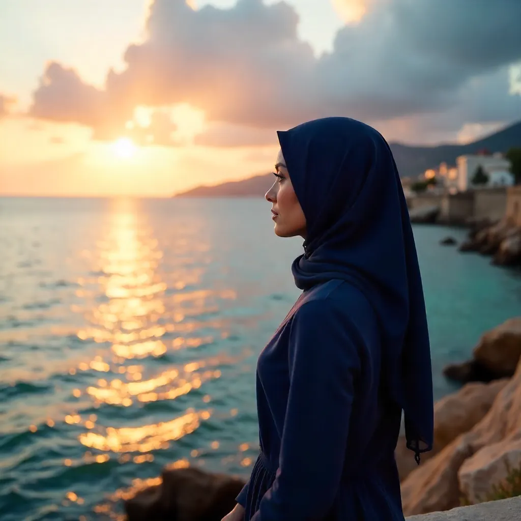 Hijab-Clad Woman by Antalya Sunset