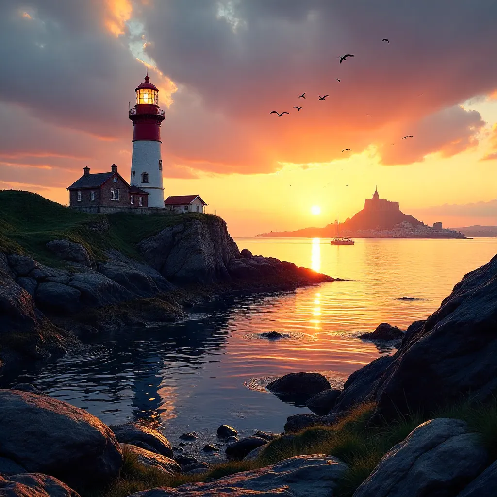 Sunset Lighthouse Over Edinburgh's Calm Firth