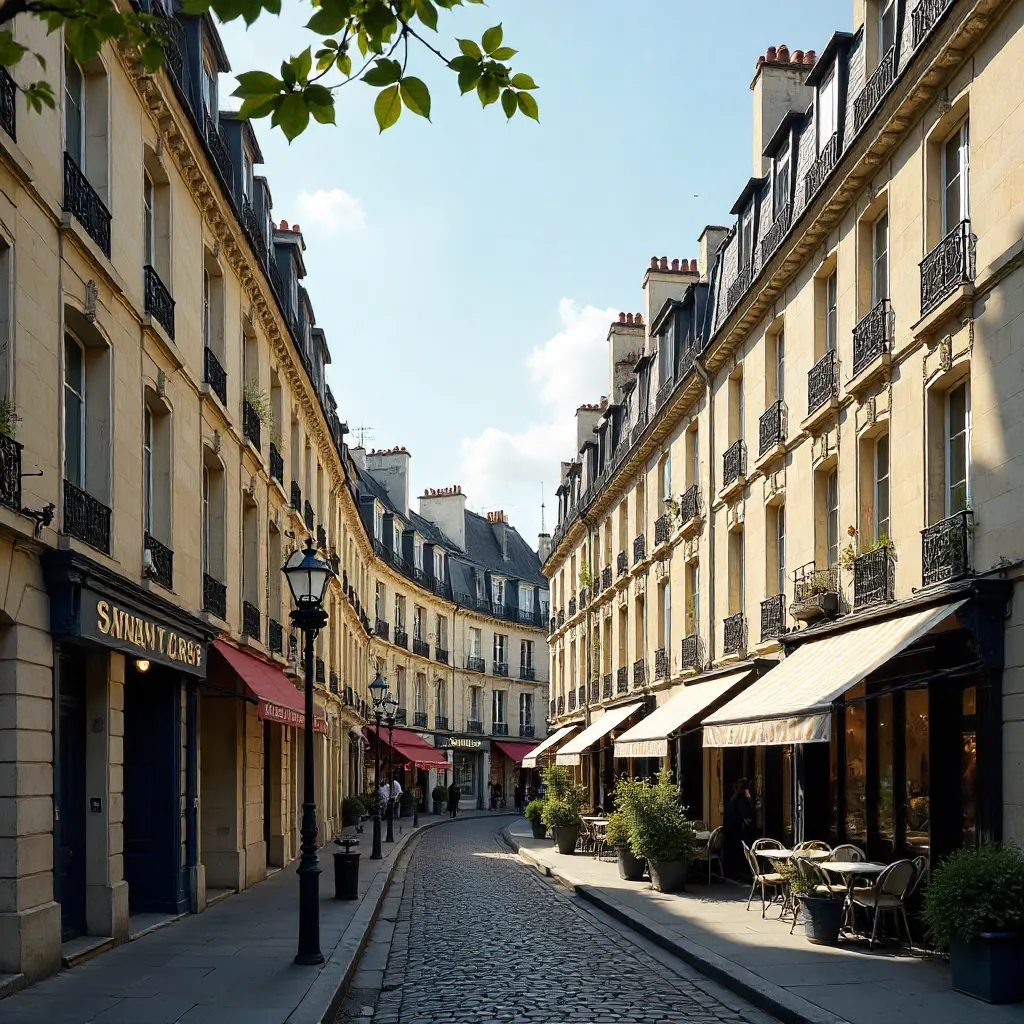 Charming Paris Street with Haussmannian Facades Under a Clear Sky