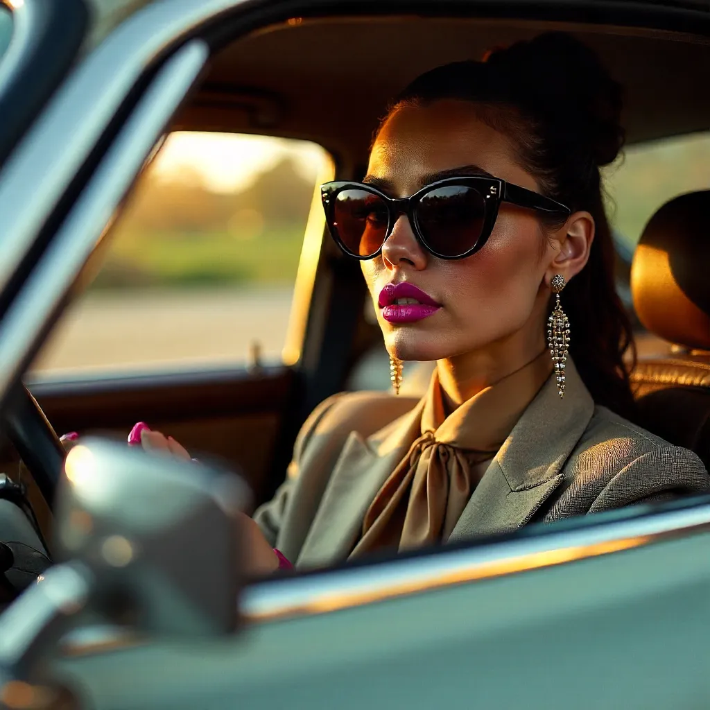 Vivid Lipstick Moment in Car Rearview Mirror