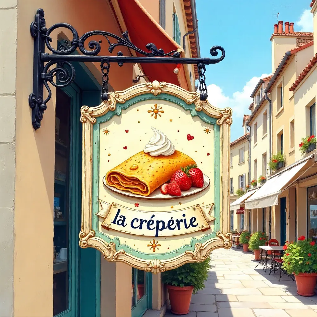 Sunny French Creperie Sign with Whimsical Art