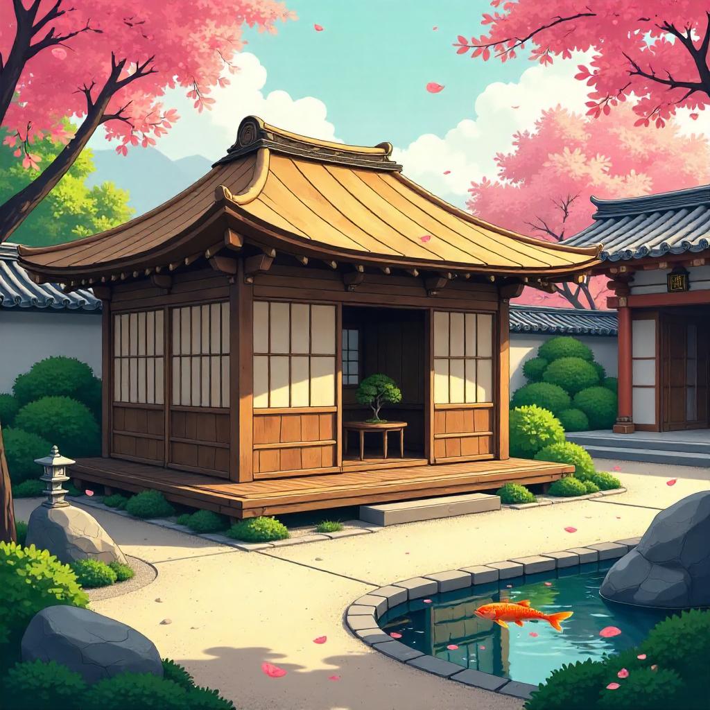 Cartoon Hut in a Serene Zen Temple