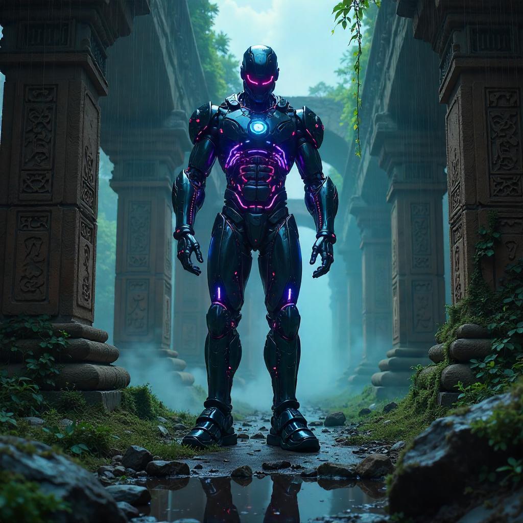 Neon Cyborg Guard in Ruined Temple