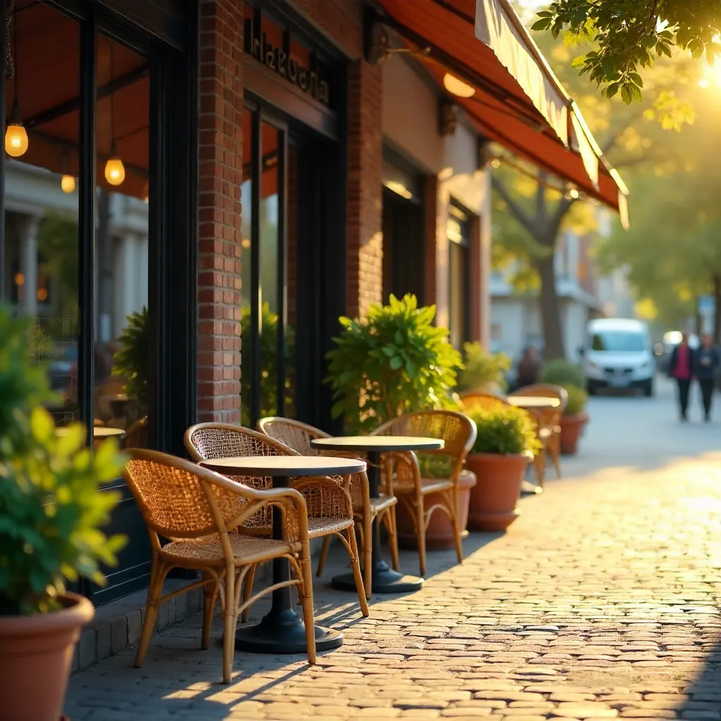 Cozy Outdoor Café: Wicker Chairs by Brick-Glass Facade
