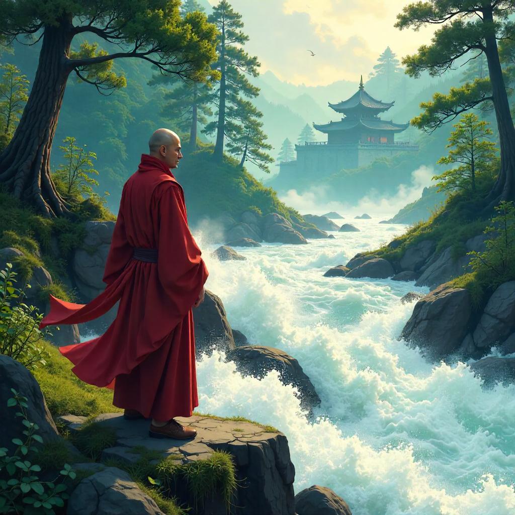 Monk by the Rushing River — Anime Style