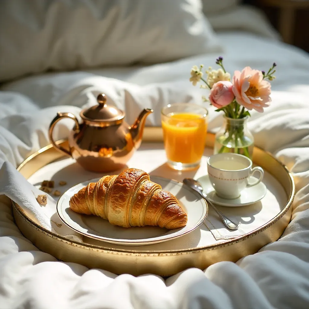 Elegant Bed Tray Breakfast with Croissants and Artful Decor