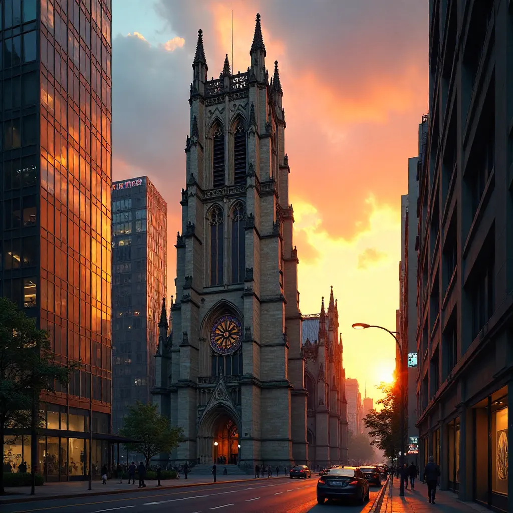 Sunset Gothic Spire Framed by Modern Skyline