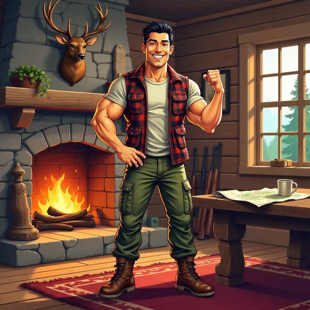 Athletic Asian Man in a Cartoon Hunting Lodge