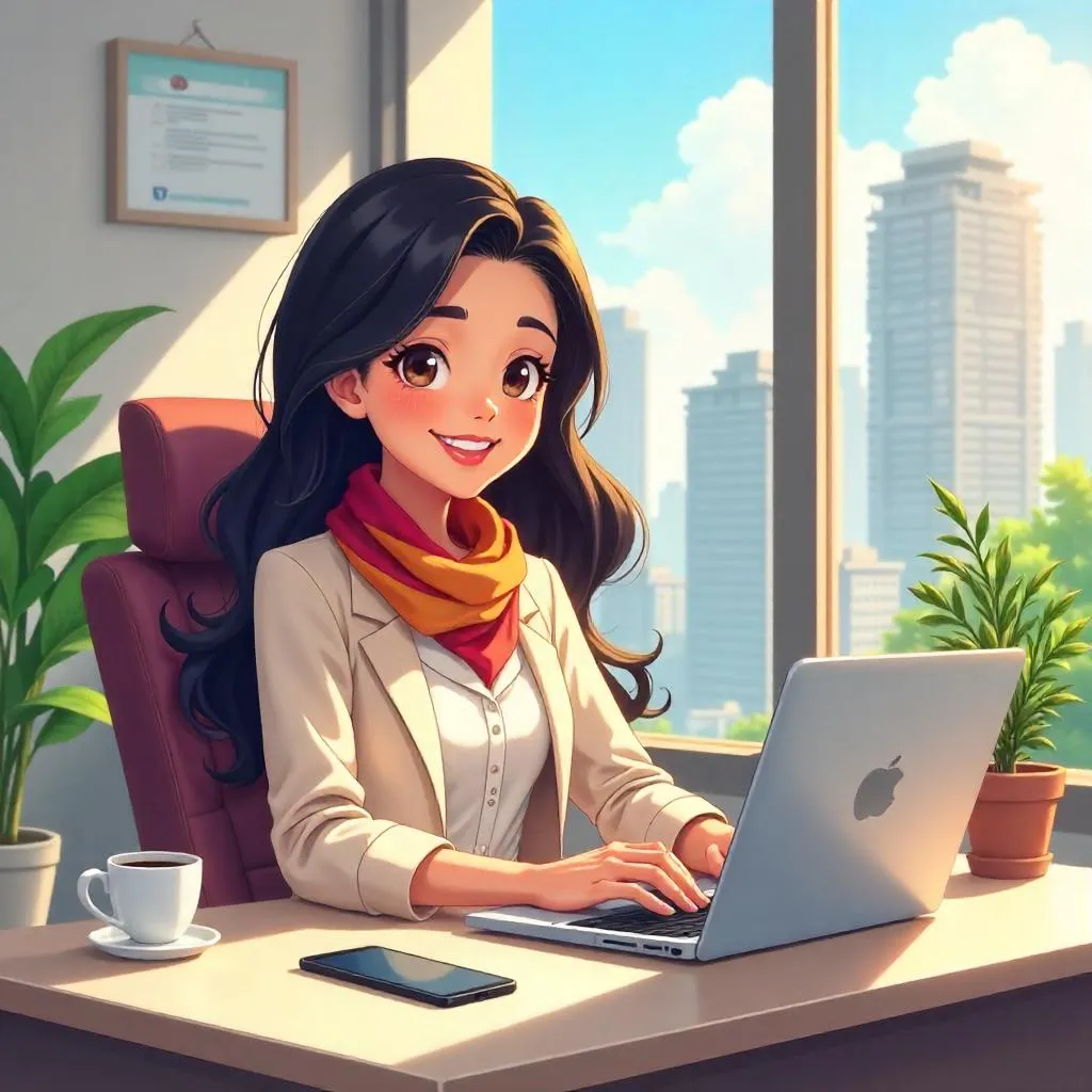 Cheerful Latina in Office - Anime Style