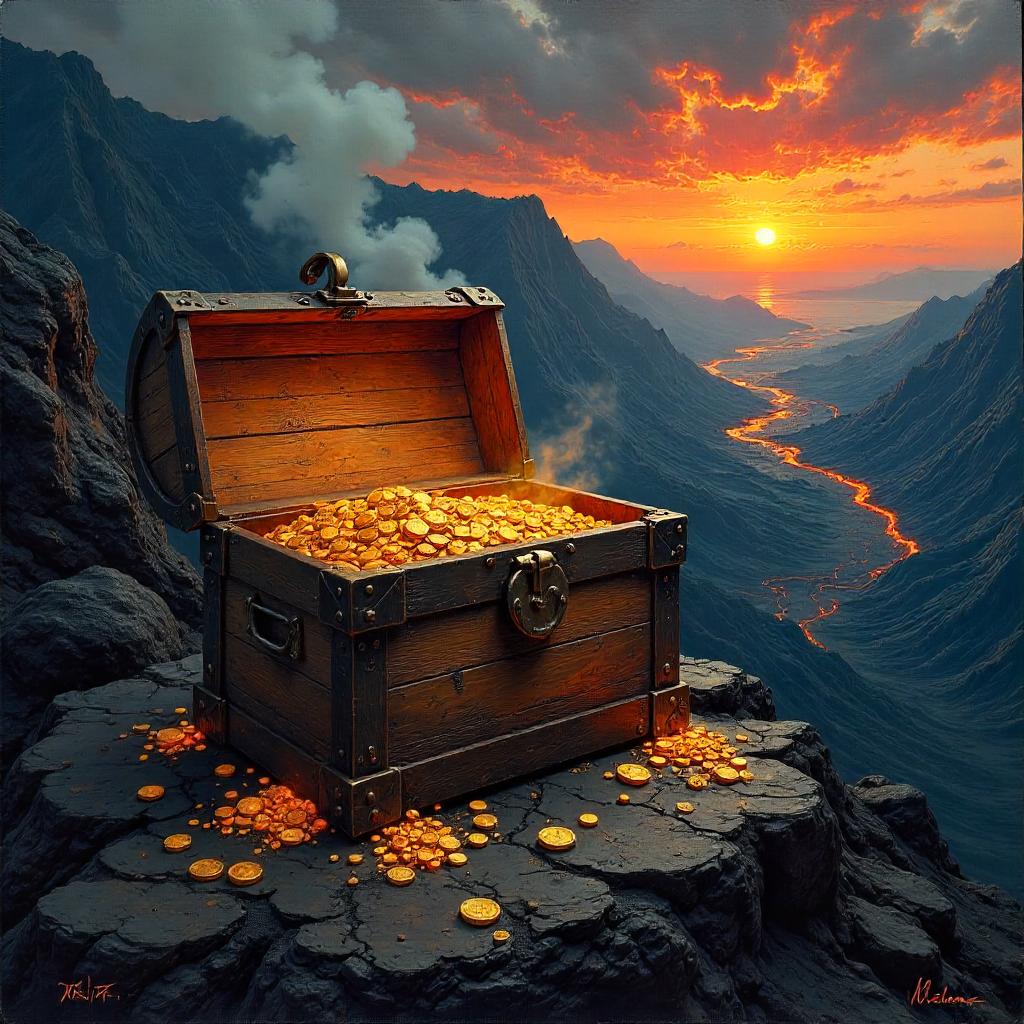 Volcanic Treasure Chest in Fiery Landscape