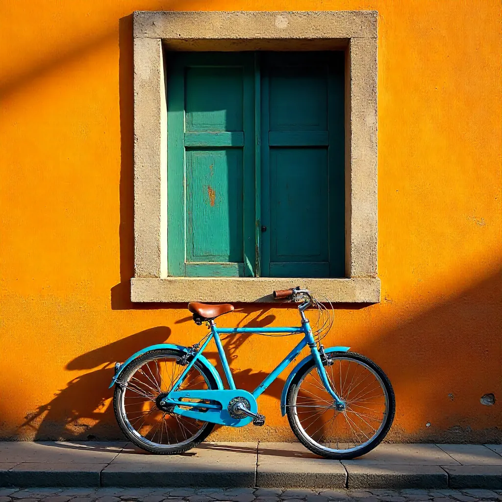 Blue Bicycle by Orange Wall Under Rustic Window