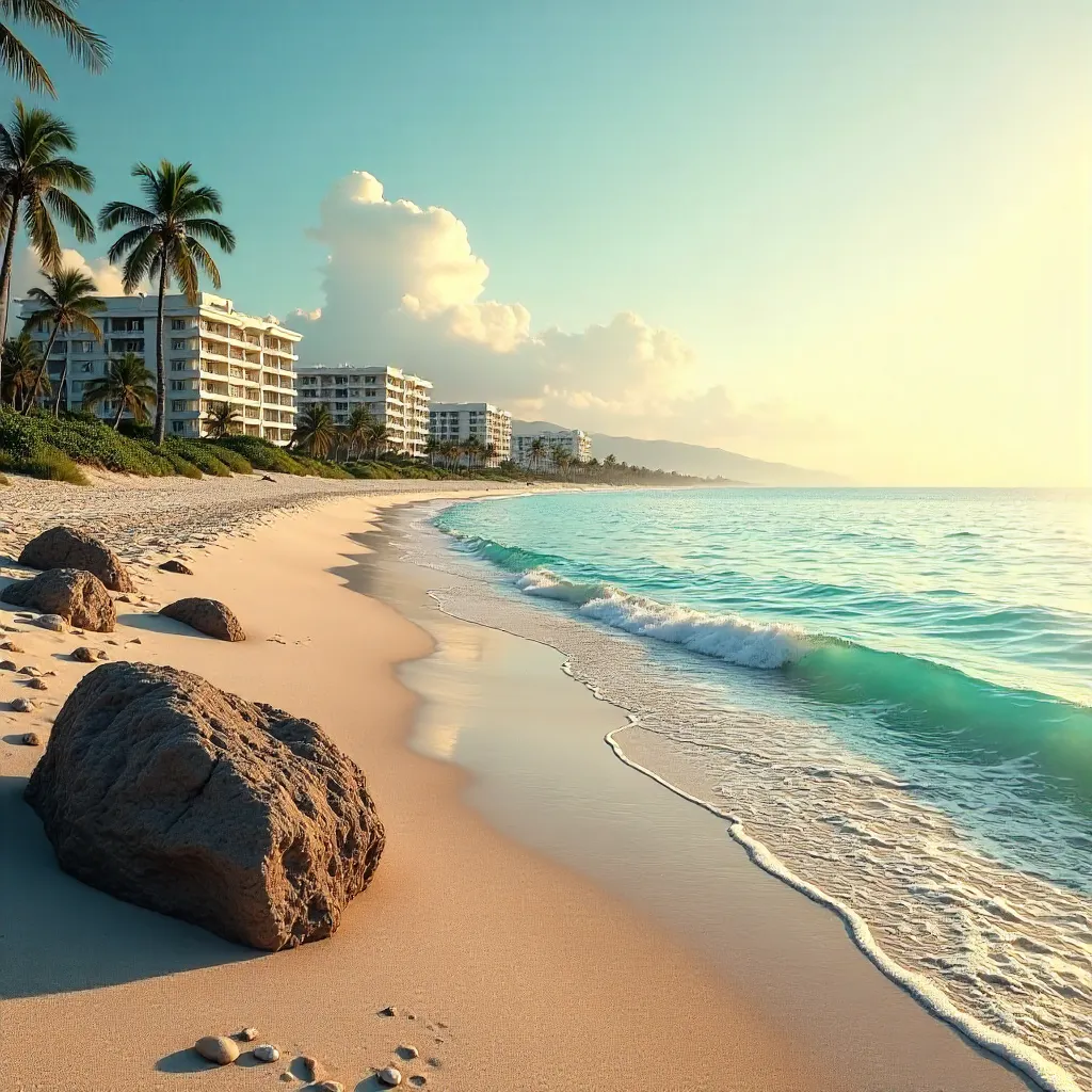 Tranquil Beach with Rocky Shoreline and Distant Resorts