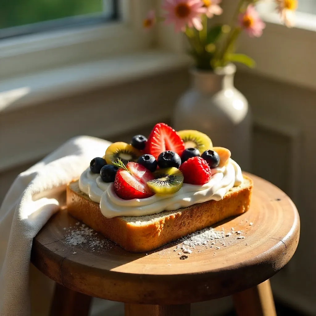 Creamy Fruit Toast on a Rustic Wooden Stool
