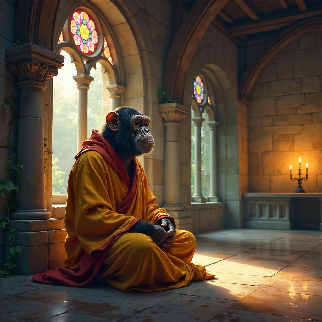 Chimpanzee Monk in a Tranquil Monastery