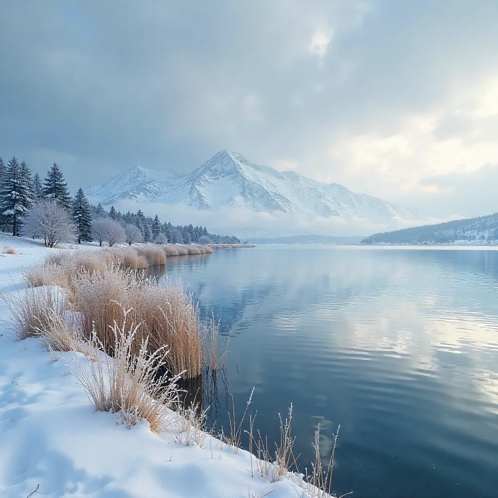 Winter Reverie Along Ohrid: Snowy Mountains and Reeds