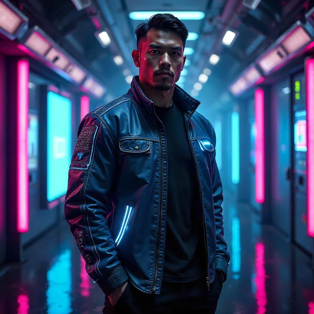 Neon Studio Portrait: Strong Asian Cyberpunk