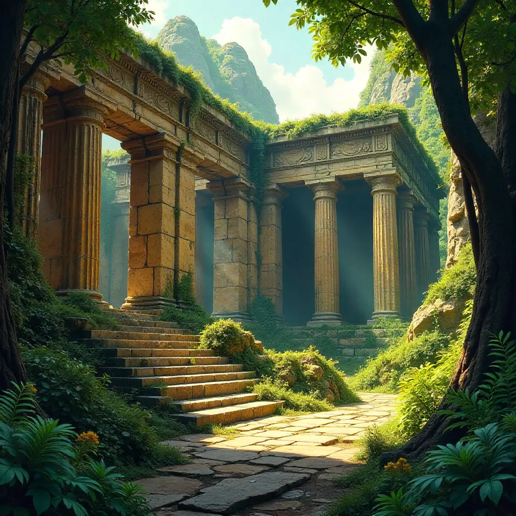 Sunlit Majestic Temple Ruins in Lush Nature
