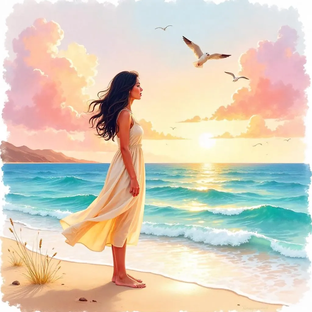 Watercolor Breeze: Latina Woman on the Beach