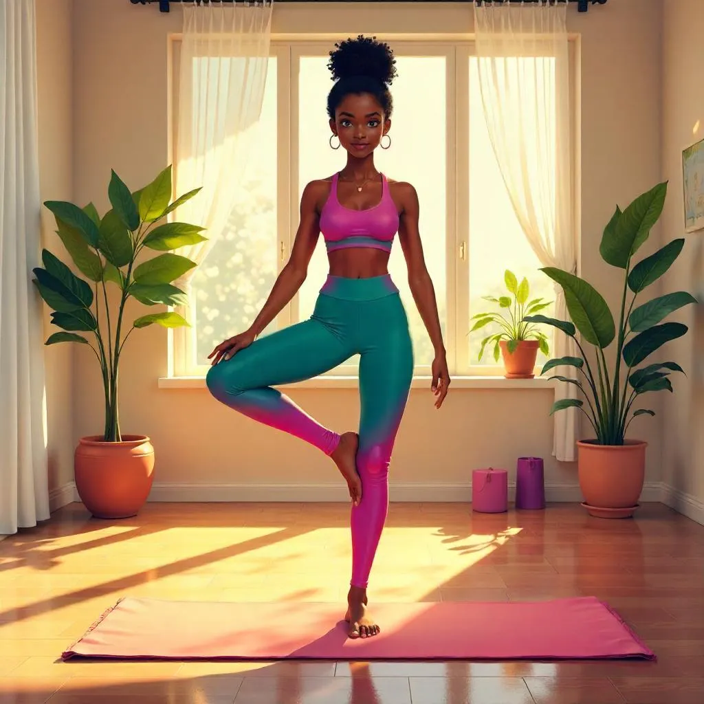 Stylish Black Girl in a Calm Yoga Studio (Digital Art)