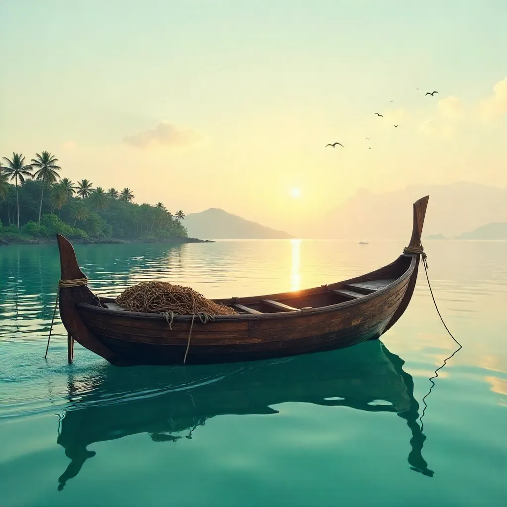 Serene Dawn: Jukung on a Calm Indonesian Sea