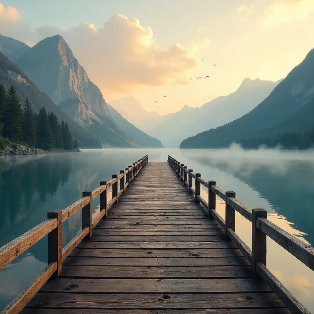 Sunrise on a Lakeside Boardwalk with Mountain Reflections