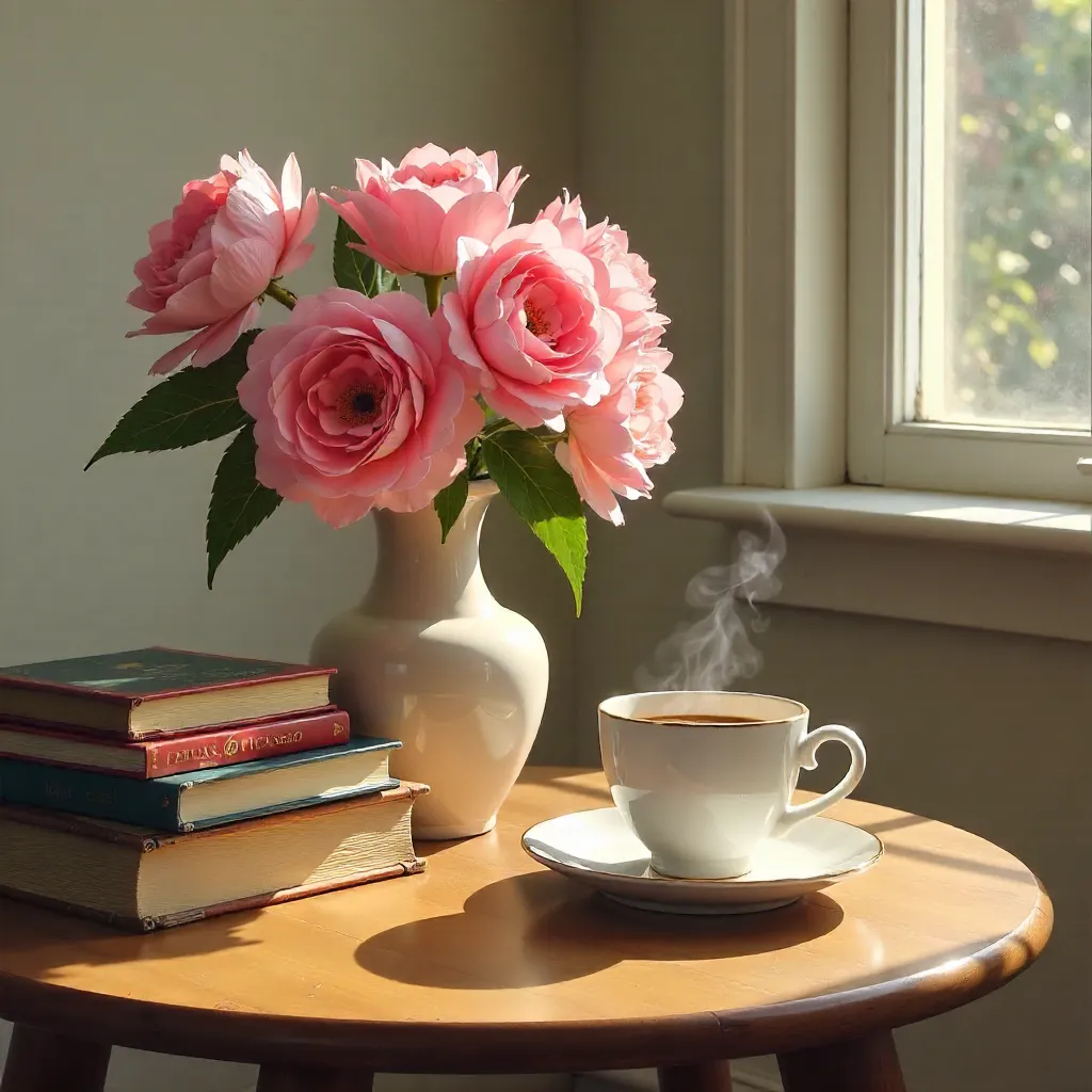 Dreamy still-life: pink blooms with art books and coffee