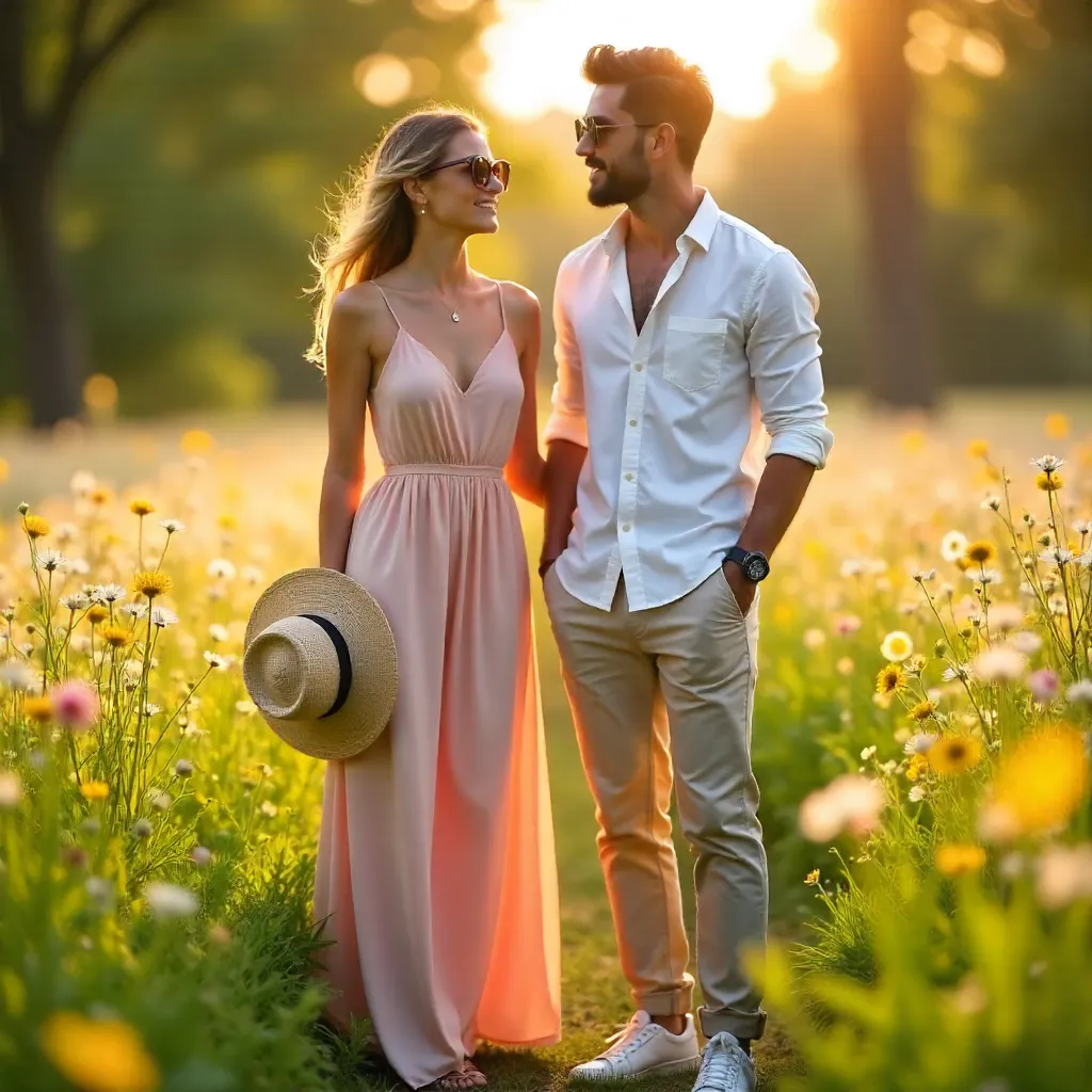 Golden Hour Chic: A Fashionable Couple in a Sunlit Field