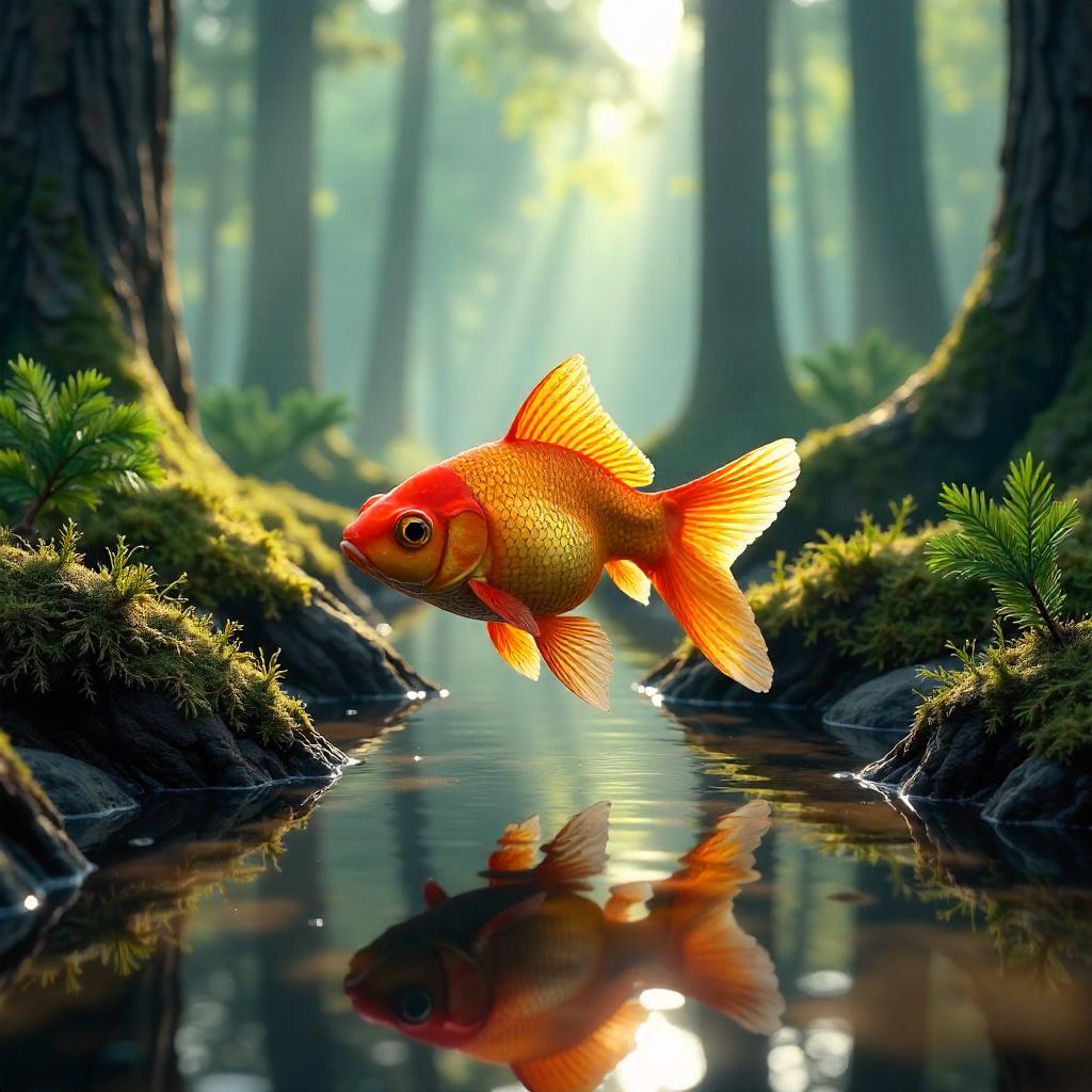 Goldfish in a Sunlit Pine Forest: 3D Render
