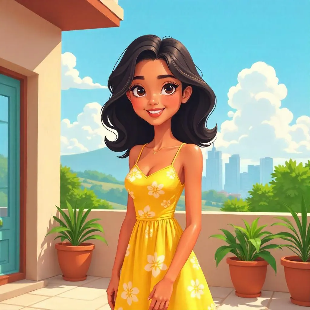 Sunny Terrace Cartoon Latina Portrait