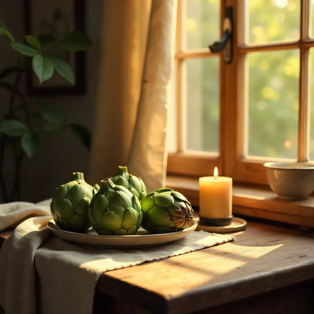 Sunlit Rustic Table with Artichokes and Candlelight