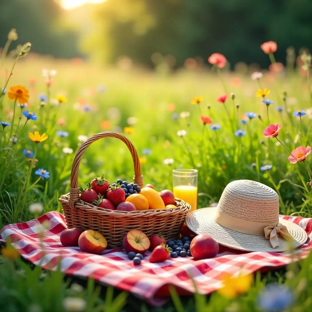 Sunlit Wildflower Picnic with Straw Hat and Fresh Fruit