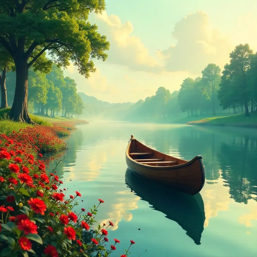 Serene Canoe Drifting beside Red Flowers on a Tranquil River