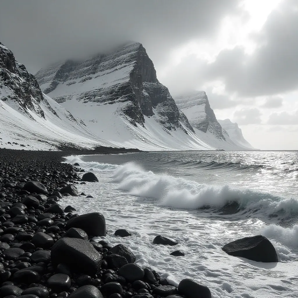 Stark Winter: Snowy Peaks Over a Rocky Shoreline