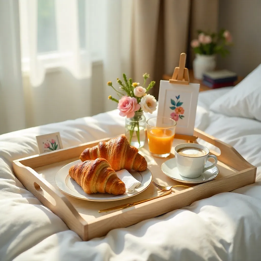 Elegant Bed Tray Breakfast with Croissants and Artful Decor