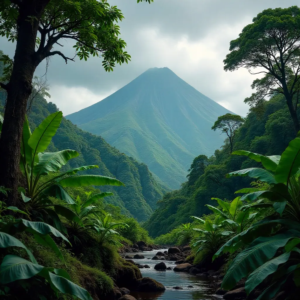 Volcano Vista: Lush Foreground Under Clouds