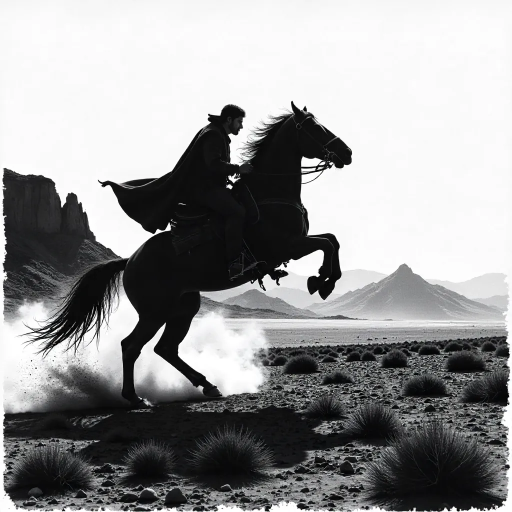 Silhouetted Rider on a Rearing Horse in Monochrome Landscape