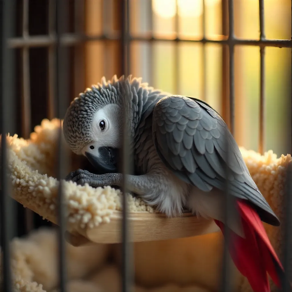 Sleeping African Grey Parrot in a Cozy Cage