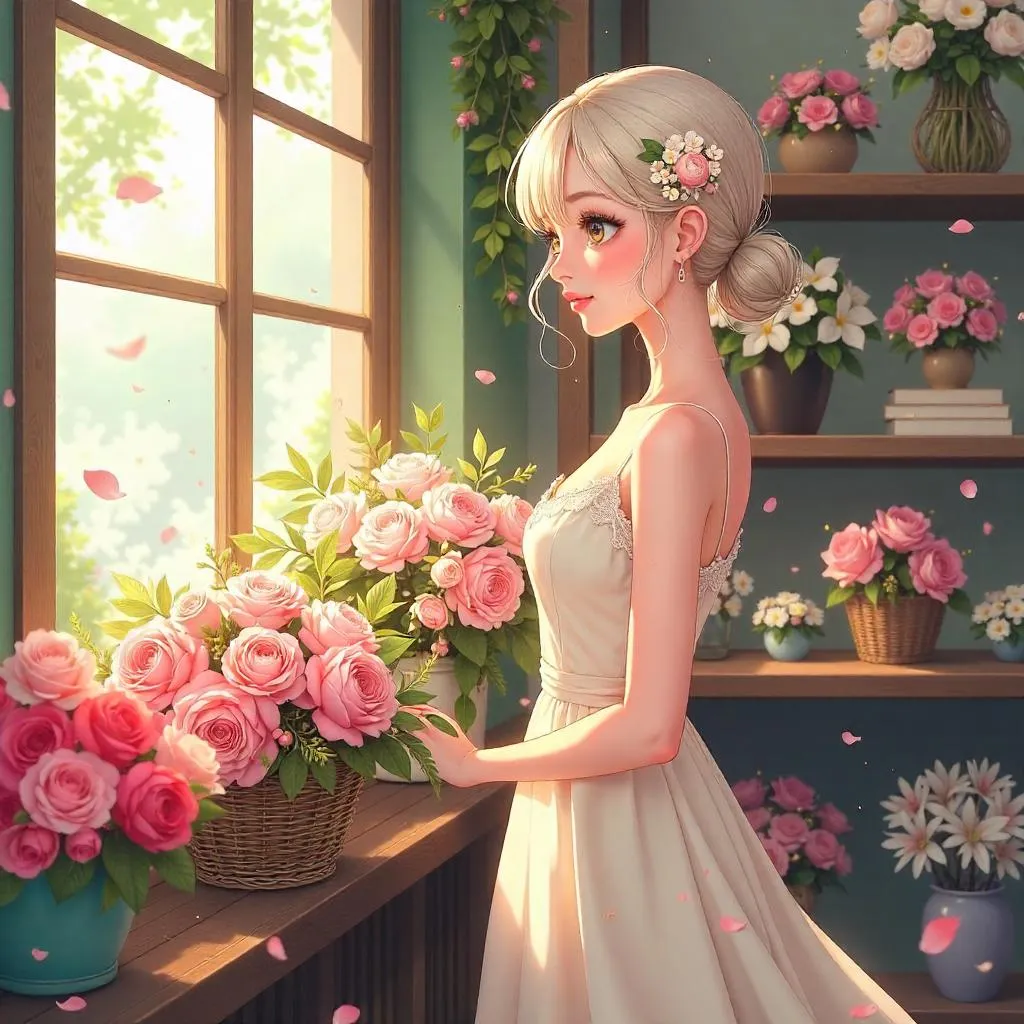 Elegant White Woman in a Flower Shop (Anime Style)