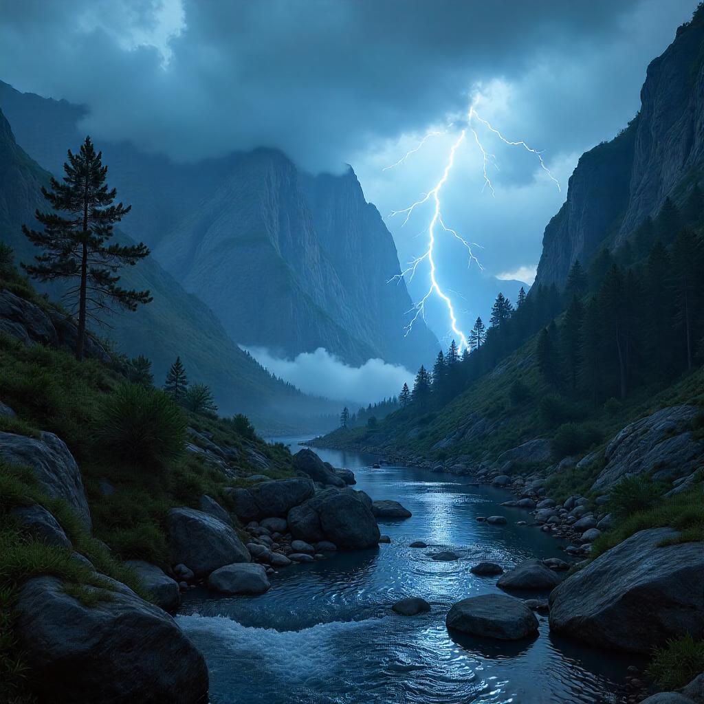 Volumetric Lightning Over a Mountain Valley – 3D Render