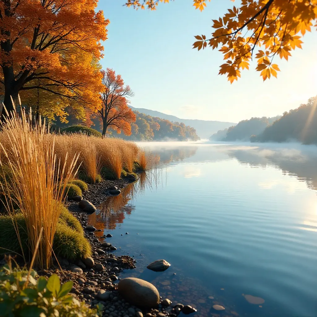 Golden Reeds by a Calm Autumn Riverbank