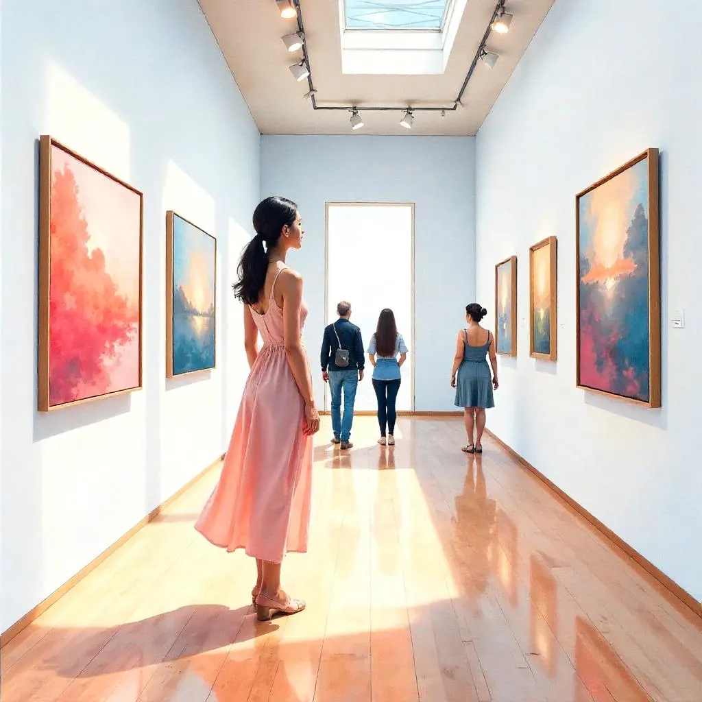 Watercolor Muse: Asian Woman in an Art Gallery