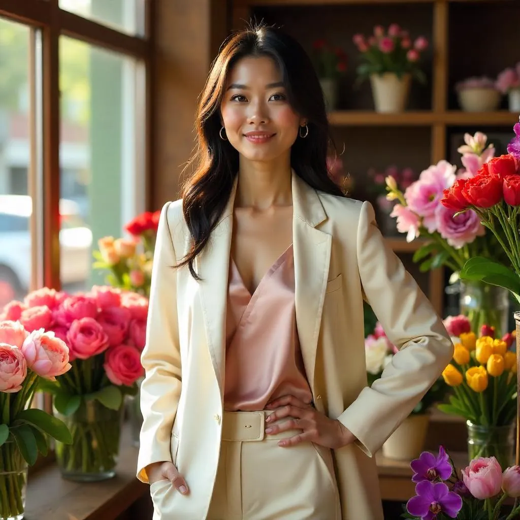 Confident East Asian Woman in a Blooming Flower Shop