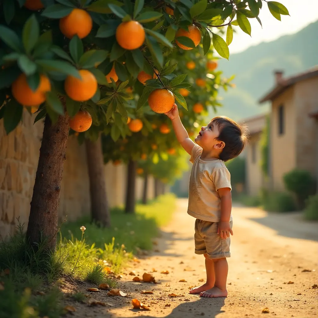 Child Reaches for Oranges in Hatay Orchard