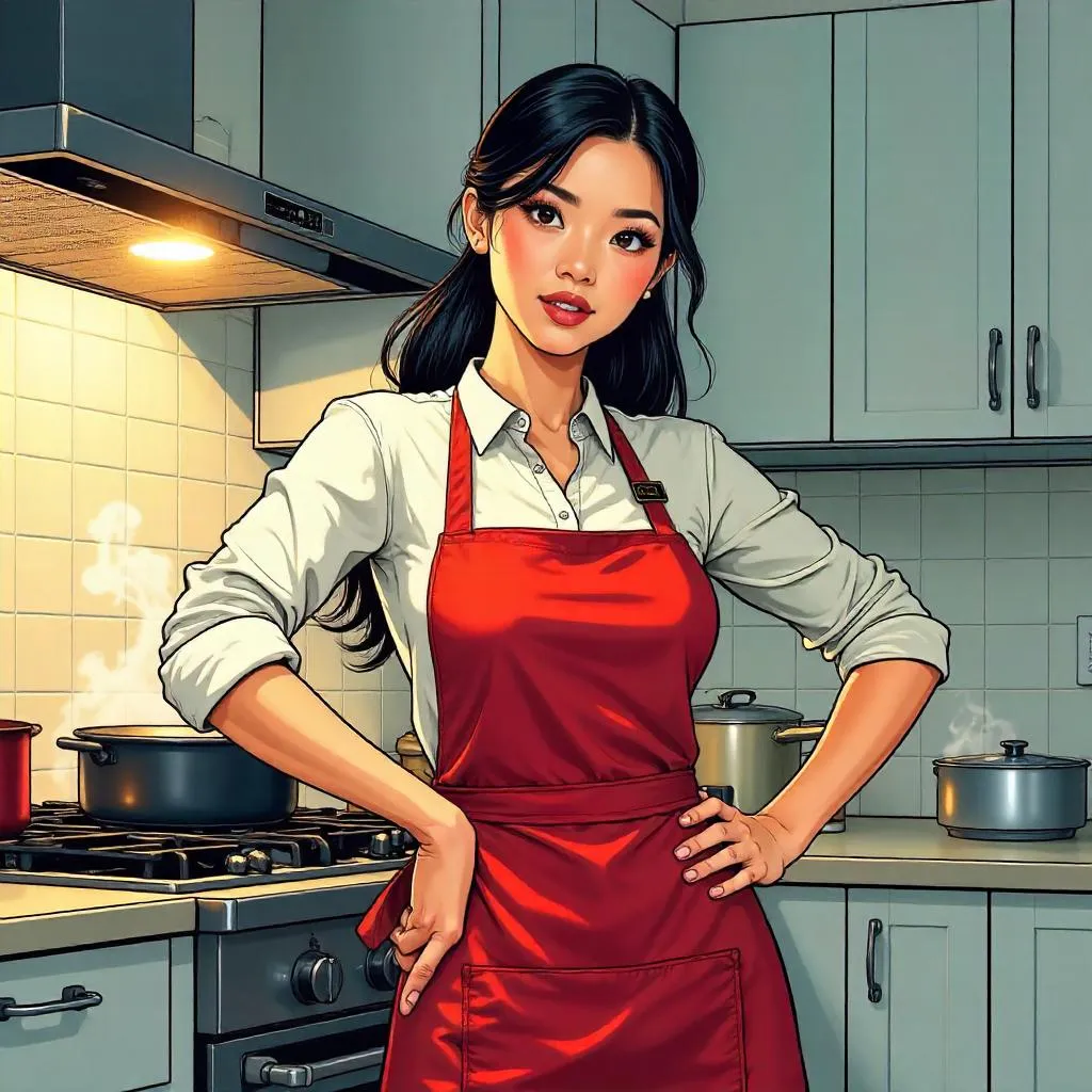 Comic Kitchen Heroine in a Bright Kitchen